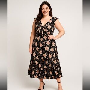 Who What Wear Womens 3X Floral Ruffle Tiered Maxi Dress Black Pink V Neck